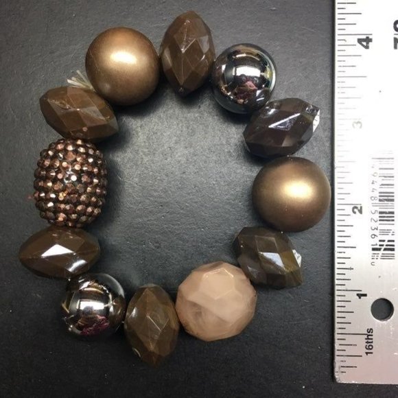 Chunky Statement Bracelet Stretch Silver Tan Brown Gold Pearl Bling Glam Retro - Picture 4 of 6